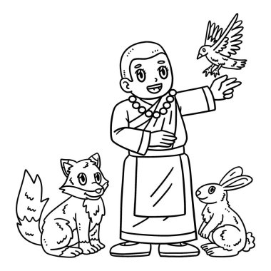 A cute and funny coloring page of a Female Monk with an Animal. Provides hours of coloring fun for children. To color, this page is very easy. Suitable for little kids and toddlers. clipart