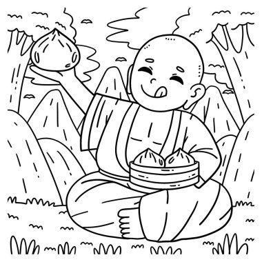 A cute and funny coloring page of a Buddhism Buddha Eating Bao Buns. Provides hours of coloring fun for children. To color, this page is very easy. Suitable for little kids and toddlers. clipart