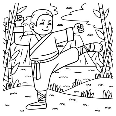 Budist Şaolin Keşişi 'nin havayı tekmeleyen sevimli ve komik renkli sayfası. Çocuklar için saatlerce boyama eğlencesi sağlıyor. Renklendirmek için, bu sayfa çok kolaydır. Küçük çocuklar ve yeni yürümeye başlayanlar için uygun..