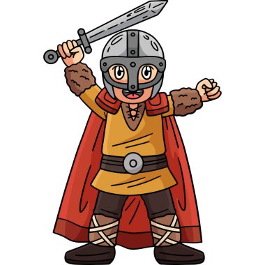 This cartoon clipart shows a Viking Raising Sword illustration. clipart