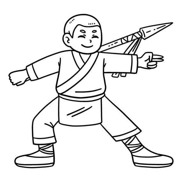 Stock vector A cute and funny coloring page of a Shaolin Monk with Spear. Provides hours of coloring fun for children. To color, this page is very easy. Suitable for little kids and toddlers.