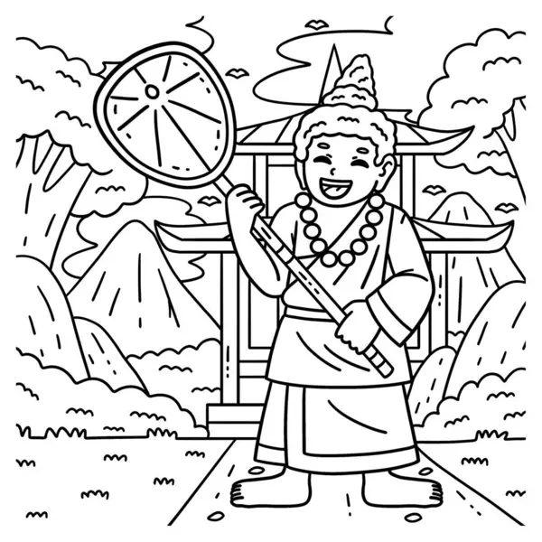 stock vector A cute and funny coloring page of a Buddhism Buddha with Talipot Fan. Provides hours of coloring fun for children. To color, this page is very easy. Suitable for little kids and toddlers.