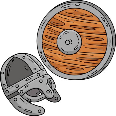Bu karikatür parçası Viking Miğferi ve Kalkan illüstrasyonunu gösteriyor..