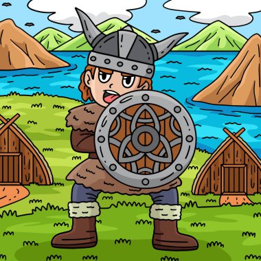 Bu karikatür, Kalkan resimli bir Viking 'i gösteriyor.. 