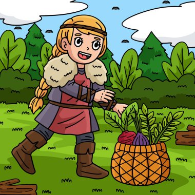 This cartoon clipart shows a Viking with an illustration of a basket of harvest.  clipart