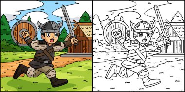  Bu renklendirme sayfasında bir Viking savaşçısı var. Bu illüstrasyonun bir tarafı renkli ve çocuklar için bir ilham kaynağı.. 