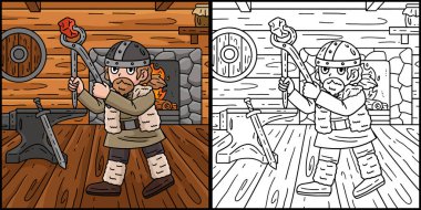  Bu renkli sayfa Forge 'da çalışan bir Viking' i gösteriyor. Bu illüstrasyonun bir tarafı renkli ve çocuklar için bir ilham kaynağı.. 