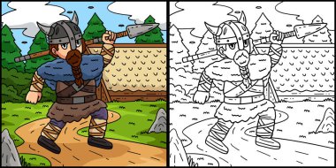  Bu renkli sayfada bir Viking mızrağı var. Bu illüstrasyonun bir tarafı renkli ve çocuklar için bir ilham kaynağı.. 