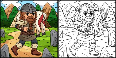  Bu boyama sayfasında Hunt 'ın yanında bir Viking var. Bu illüstrasyonun bir tarafı renkli ve çocuklar için bir ilham kaynağı.. 