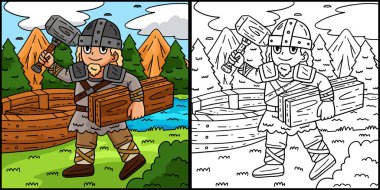  Bu boyama sayfasında Tahta Planklı bir Viking var. Bu illüstrasyonun bir tarafı renkli ve çocuklar için bir ilham kaynağı.. 