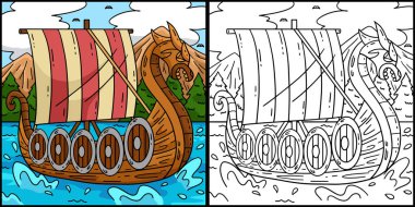  Bu renkli sayfa bir Viking gemisini gösteriyor. Bu illüstrasyonun bir tarafı renkli ve çocuklar için bir ilham kaynağı.. 