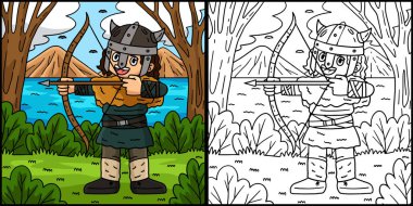  Bu boyama sayfasında Yay ve Ok 'lu bir Viking var. Bu illüstrasyonun bir tarafı renkli ve çocuklar için bir ilham kaynağı.. 