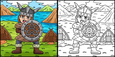  Bu renkli sayfa kalkanlı bir Viking 'i gösteriyor. Bu illüstrasyonun bir tarafı renkli ve çocuklar için bir ilham kaynağı.. 