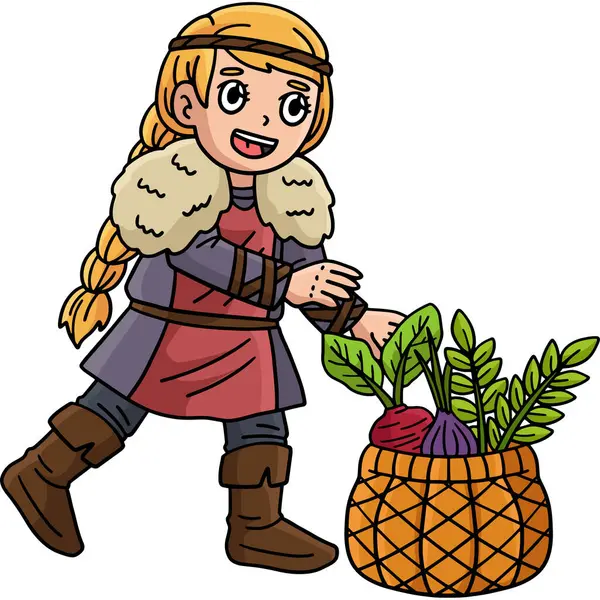 stock vector This cartoon clipart shows a Viking Girl with an illustration of a basket of harvest.