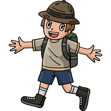 Bu karikatür, kampçı mutlu kampçı çocuğun yürüyüş resimlerini gösteriyor..