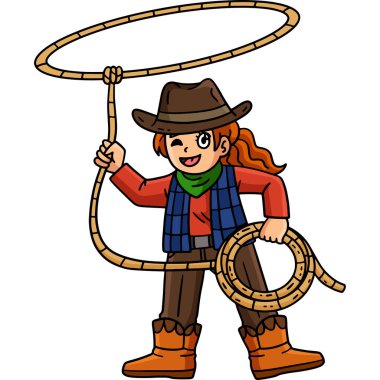 Bu karikatür kement resimli bir Kovboy kızı gösteriyor..