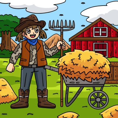 Bu çizgi filmde Cowgirl ve Wheelbarrow Hay illüstrasyonları var..