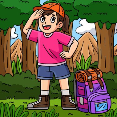 Bu karikatür, sırt çantalı bir kampçıyı gösteriyor.. 