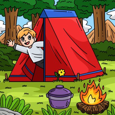 Bu karikatür, Kamp Kampçısı 'nın çadırın içinde el salladığını gösteriyor.. 