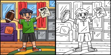 Bu boyama sayfasında futbol topu ve imzalı bir Amerikalı çocuk var. Bu illüstrasyonun bir tarafı renkli ve çocuklar için bir ilham kaynağı..