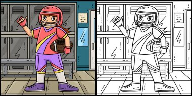 Bu renklendirme sayfasında Amerikalı Bayan Futbolcu Holding Football var. Bu illüstrasyonun bir tarafı renkli ve çocuklar için bir ilham kaynağı..