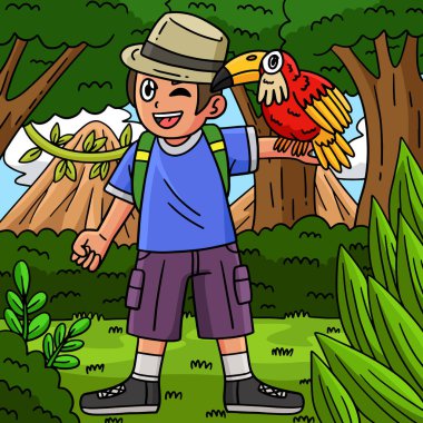 Bu karikatür, Toucan Bird resimli bir kamp kampçısını gösteriyor.. 