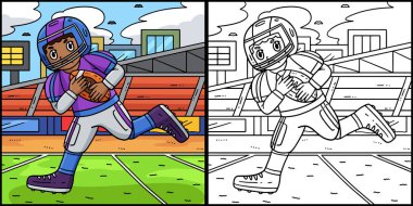 Bu renklendirme sayfası bir Amerikan Futbolcunun Gol Adaylığını gösteriyor. Bu illüstrasyonun bir tarafı renkli ve çocuklar için bir ilham kaynağı..