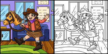 Bu boyama sayfasında Kovboy Kız ve Oyuncak At var. Bu illüstrasyonun bir tarafı renkli ve çocuklar için bir ilham kaynağı.. 