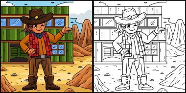 Bu boyama sayfasında silahlı bir Kovboy kız var. Bu illüstrasyonun bir tarafı renkli ve çocuklar için bir ilham kaynağı.. 