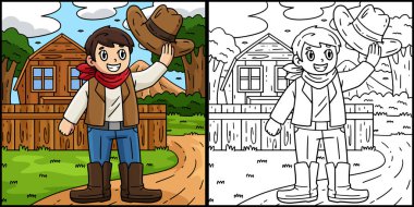 Bu boyama sayfasında Kovboy Takla Şapkası var. Bu illüstrasyonun bir tarafı renkli ve çocuklar için bir ilham kaynağı.. 