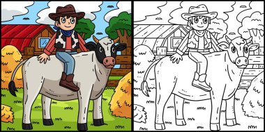 Bu boyama sayfasında sığıra binen bir kovboy var. Bu illüstrasyonun bir tarafı renkli ve çocuklar için bir ilham kaynağı.. 