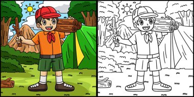 Bu boyama sayfasında kampçı bir kampçı çocuk var. Bu illüstrasyonun bir tarafı renkli ve çocuklar için bir ilham kaynağı.. 