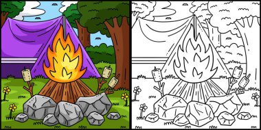 Bu boyama sayfasında Kamp Ateşi Kızartma Şekerlemeleri var. Bu illüstrasyonun bir tarafı renkli ve çocuklar için bir ilham kaynağı.. 