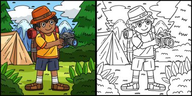 Bu boyama sayfasında elinde kamera olan bir kampçı var. Bu illüstrasyonun bir tarafı renkli ve çocuklar için bir ilham kaynağı.. 