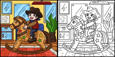 Bu boyama sayfasında Sallanan At Oyuncağındaki Kovboy Çocuğu var. Bu illüstrasyonun bir tarafı renkli ve çocuklar için bir ilham kaynağı.. 