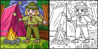 Bu boyama sayfasında Kamp Kampı Marshmallow 'ları kızartıyor. Bu illüstrasyonun bir tarafı renkli ve çocuklar için bir ilham kaynağı.. 