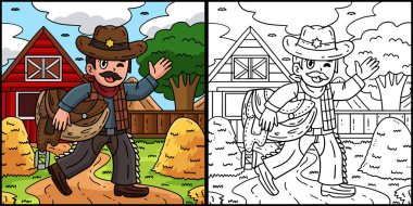 Bu boyama sayfasında eyer taşıyan bir kovboy var. Bu illüstrasyonun bir tarafı renkli ve çocuklar için bir ilham kaynağı.. 