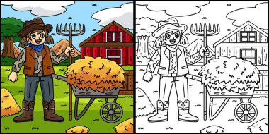 Bu boyama sayfasında Kovboy Kız ve El Arabası Saman var. Bu illüstrasyonun bir tarafı renkli ve çocuklar için bir ilham kaynağı.. 