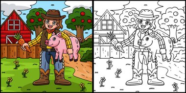 Bu boyama sayfasında elinde domuz yavrusu ve havuç olan bir Kovboy kız var. Bu illüstrasyonun bir tarafı renkli ve çocuklar için bir ilham kaynağı.. 