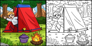 Bu boyama sayfasında çadırın içinden el sallayan bir kampçı var. Bu illüstrasyonun bir tarafı renkli ve çocuklar için bir ilham kaynağı.. 