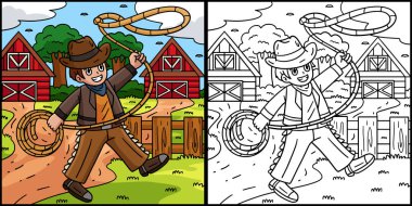 Bu boyama sayfasında Kement 'li bir kovboy var. Bu illüstrasyonun bir tarafı renkli ve çocuklar için bir ilham kaynağı.. 