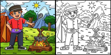 Bu boyama sayfasında kampçı çocuğun yemek pişirdiği yazıyor. Bu illüstrasyonun bir tarafı renkli ve çocuklar için bir ilham kaynağı.. 