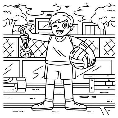 Top ve madalyalı bir voleybol oyuncusunun sevimli ve komik renkli sayfası. Çocuklar için saatlerce boyama eğlencesi sağlıyor. Renklendirmek için, bu sayfa çok kolaydır. Küçük çocuklar ve yeni yürümeye başlayanlar için uygun..