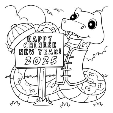 A cute and funny coloring page of a Happy Chinese New Year 2025. Provides hours of coloring fun for children. To color, this page is very easy. Suitable for little kids and toddlers. clipart