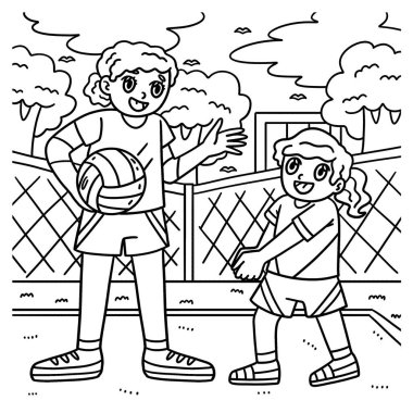 Voleybol oynayan bir anne ve kızının sevimli ve komik renkli sayfası. Çocuklar için saatlerce boyama eğlencesi sağlıyor. Renklendirmek için, bu sayfa çok kolaydır. Küçük çocuklar ve yeni yürümeye başlayanlar için uygun..