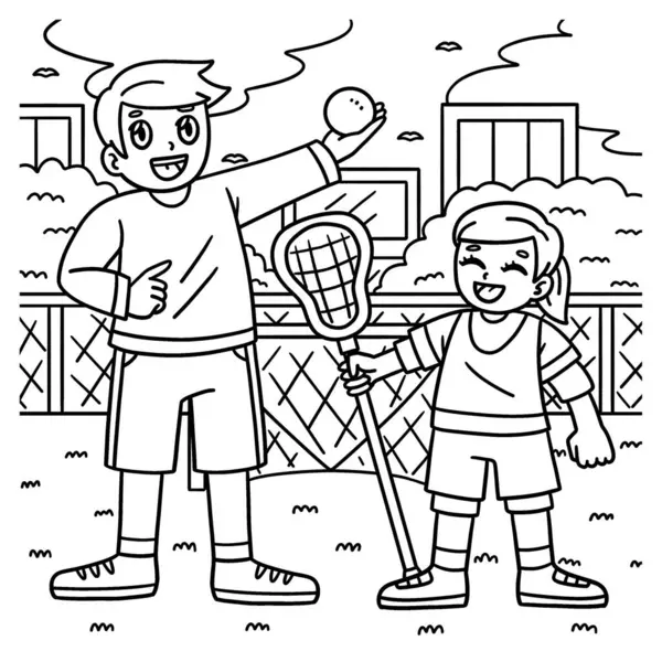 stock vector A cute and funny coloring page of a Dad Teaching Daughter Lacrosse. Provides hours of coloring fun for children. To color, this page is very easy. Suitable for little kids and toddlers.