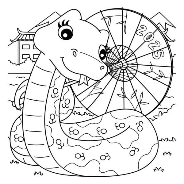 stock vector A cute and funny coloring page of a Year of the Snake with Chinese Umbrella. Provides hours of coloring fun for children. To color, this page is very easy. Suitable for little kids and toddlers.