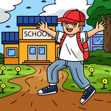 Bu karikatür, okulun ilk günü illüstrasyona giden bir çocuğu gösteriyor..