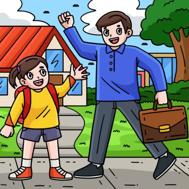 Bu karikatür, Okul Çocuğu ve Ebeveynlerinin İlk Günü 'nü gösteriyor..