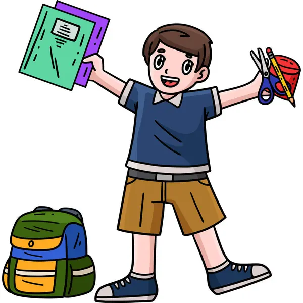 stock vector This cartoon clipart shows a First Day of School Child School Supplies illustration.